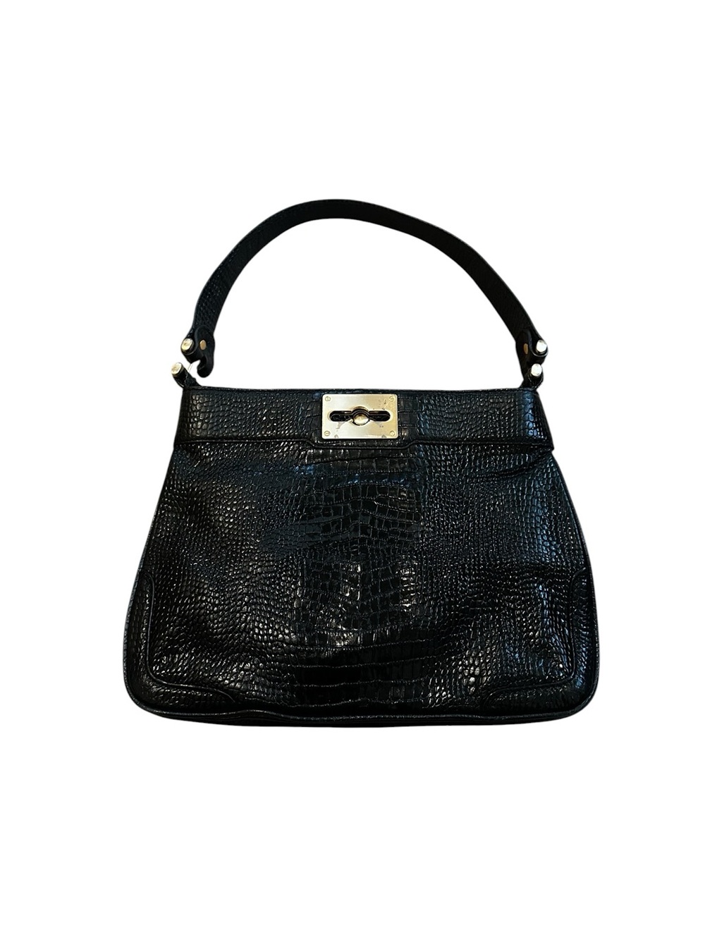 Vintage Ann Taylor Black Croc Embossed Leather Shoulder Bag Brass Hardware 90s